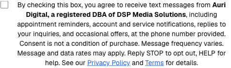 Close-up of the unchecked SMS consent checkbox and its disclosure text