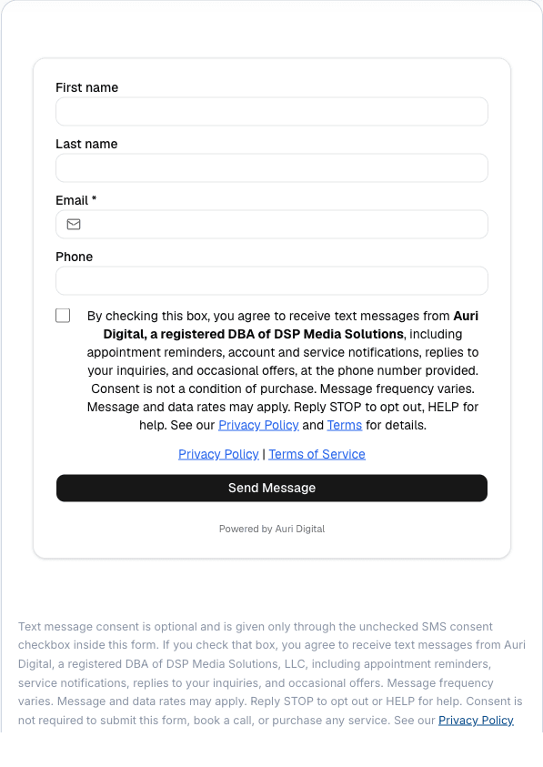 The Auri Digital contact form showing name, email, and phone fields, the unchecked SMS consent checkbox with its full disclosure text, links to the Privacy Policy and Terms of Service, and the Send Message button