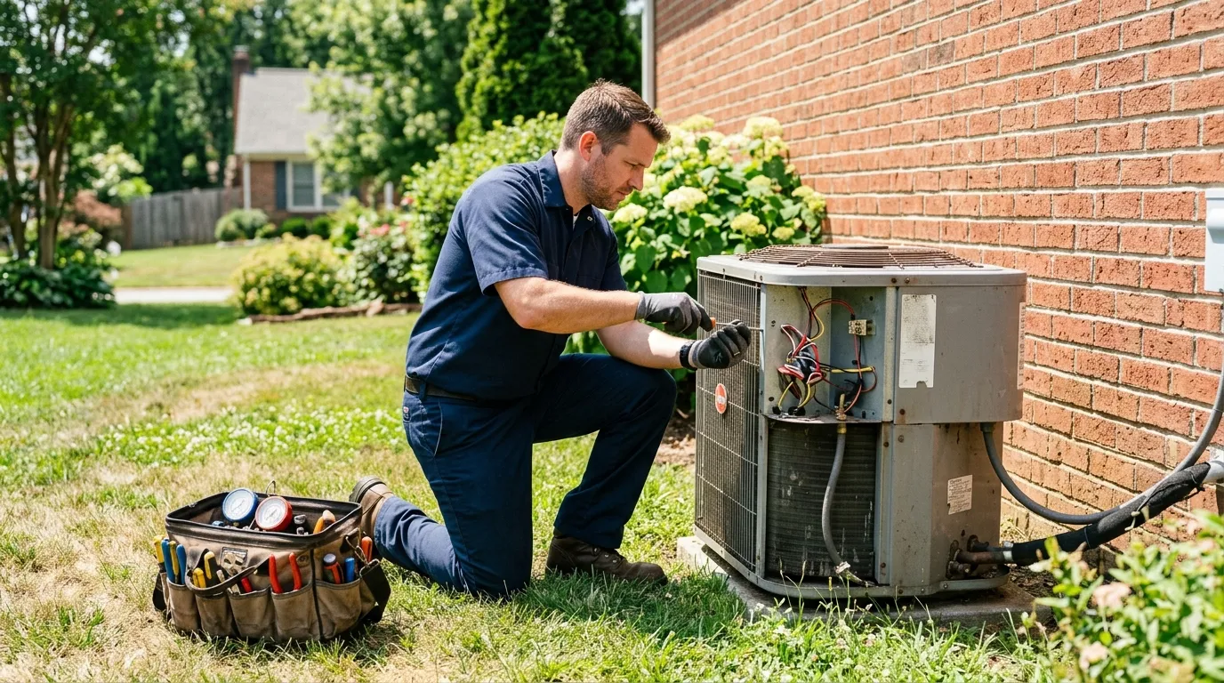HVAC technician repairing an outdoor AC condenser unit at a customer's home