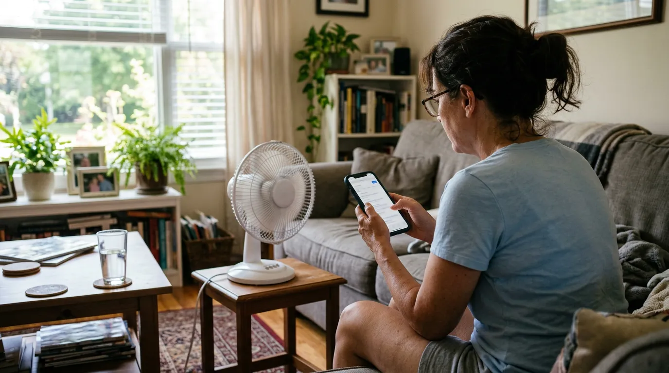 Homeowner searching for AC repair near me on a smartphone during a hot day