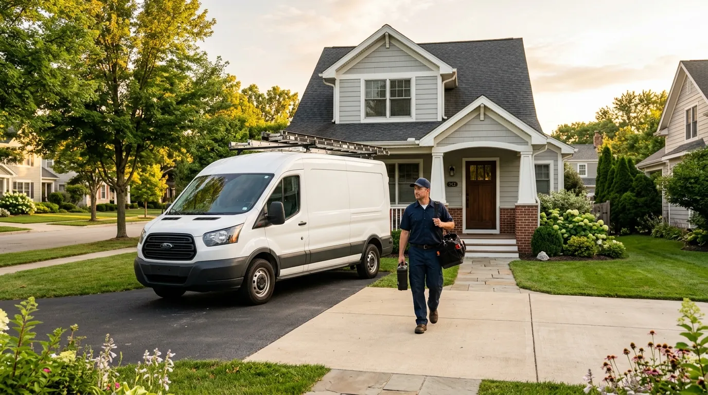 HVAC service van arriving at a home in the company's local service area